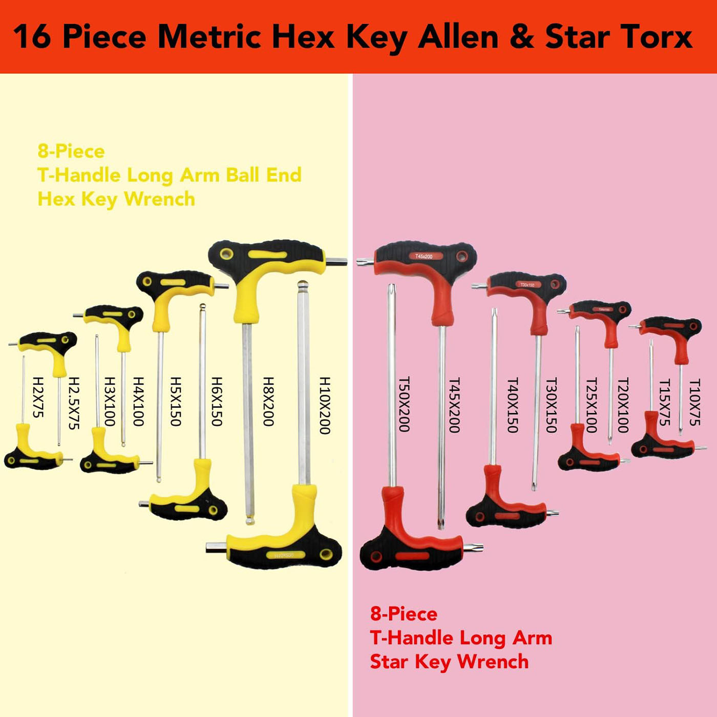 16 Piece Metric Hex Key Allen & Star Torx T-Handle Set - Image 6